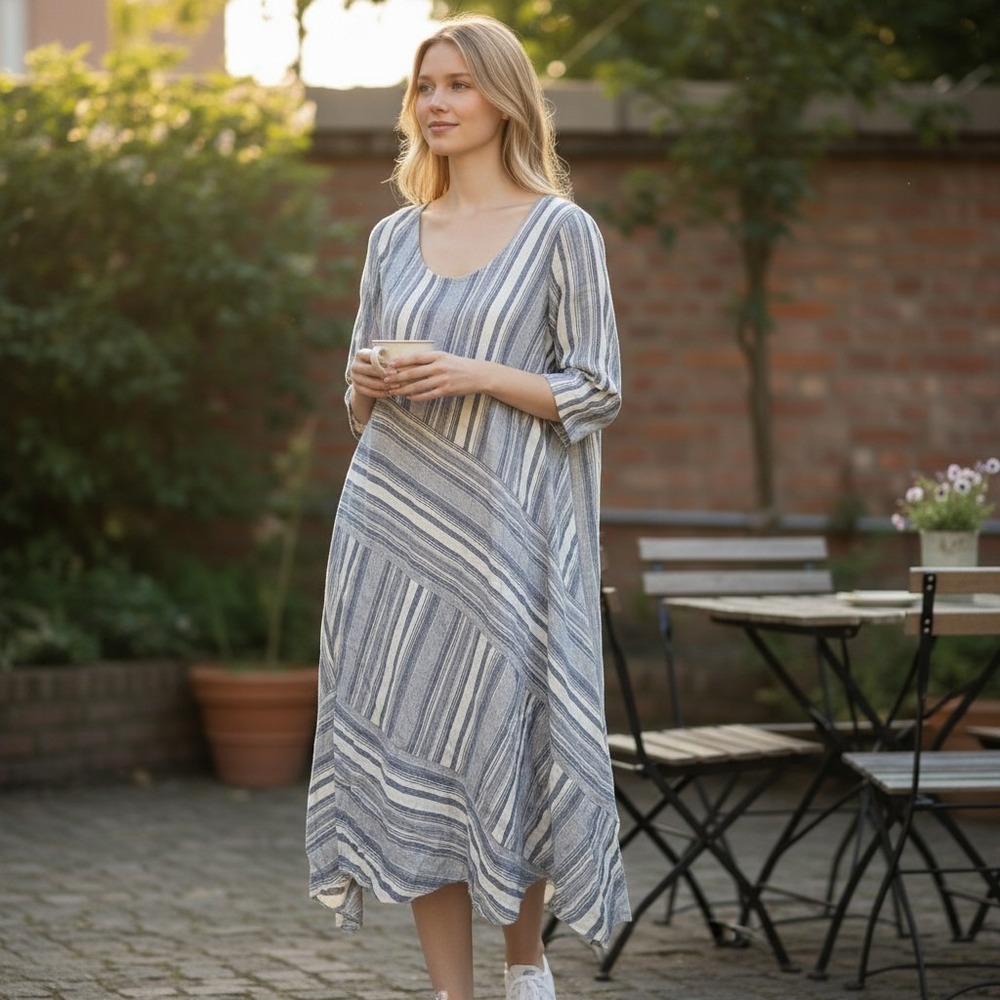 Soft Surroundings Sonya Linen Dress Women Large Blue White Striped NWT $140